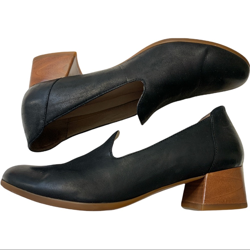 Dansko Preston Pump Wooden Black Leather Loafer Stacked Closed Toe Block Heel